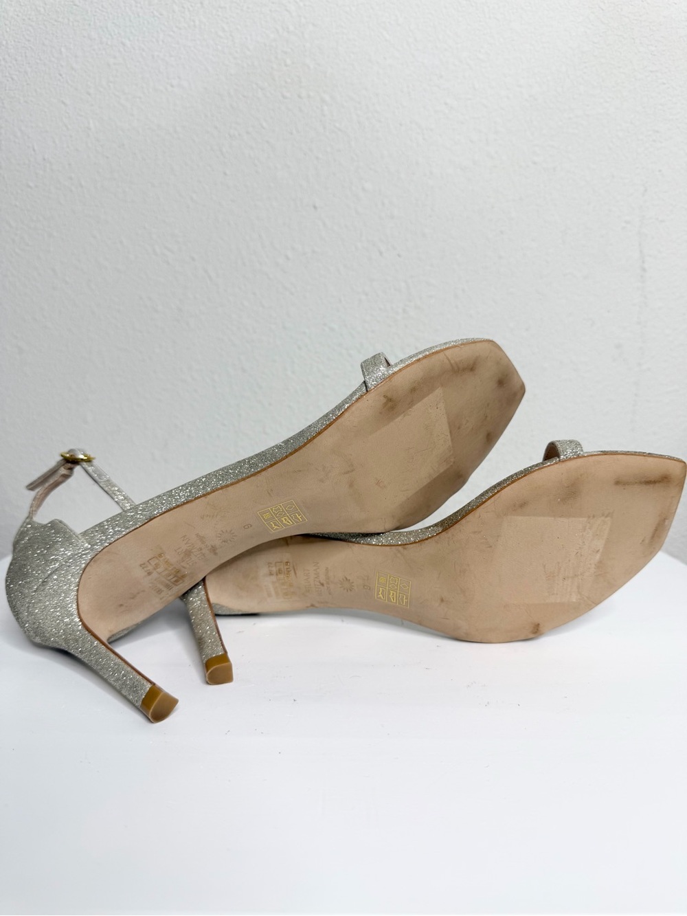 Stuart Weitzman Nudistsong Champagne Glitter Ankle Strap Heels Size 9 *read - Picture 6 of 7